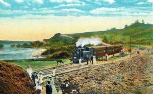 Postcard view of a passenger train at Bathsheba station on the Barbados Railway