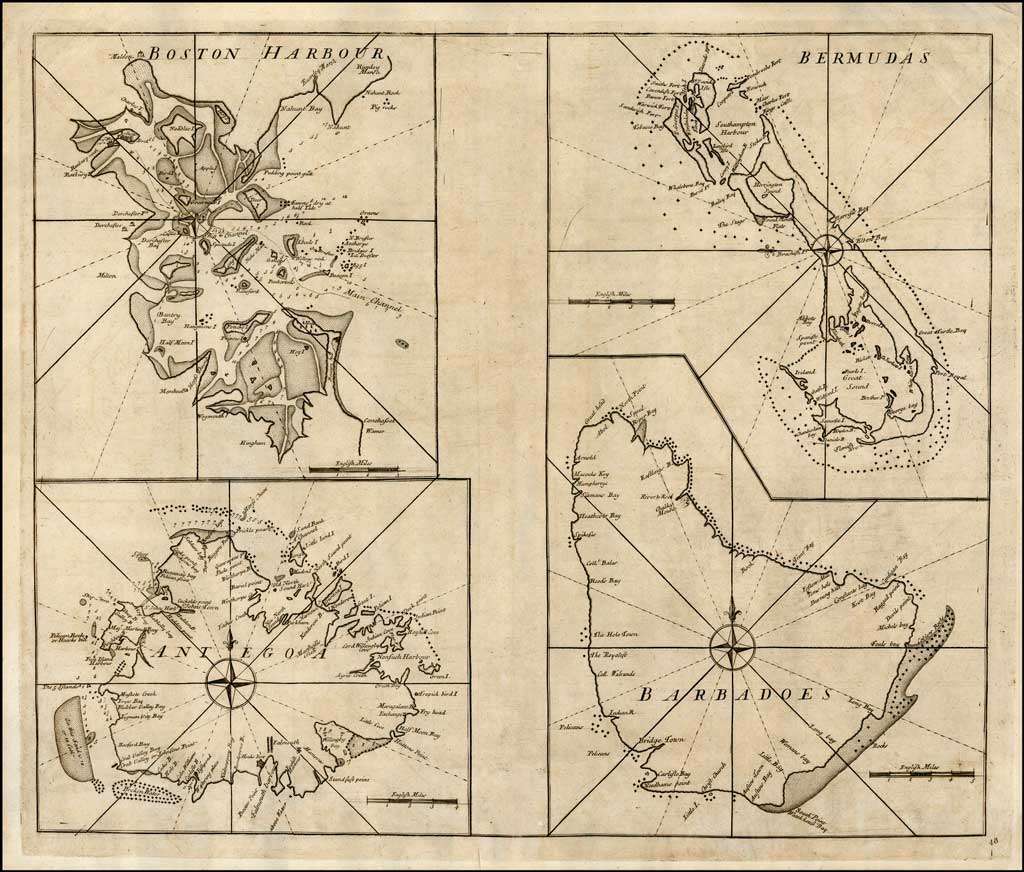 Sea Chart of Boston, Bermuda, Barbados and Antigua - 1728