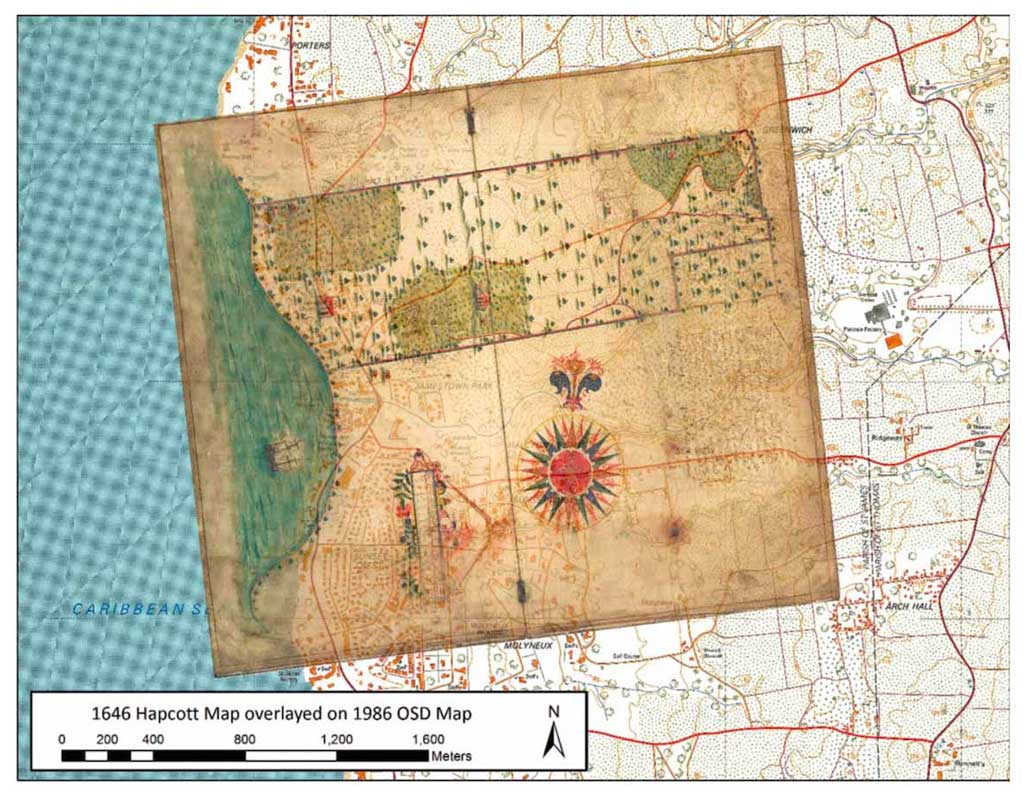1646 Hapcott map overlay on topographic map of Barbados