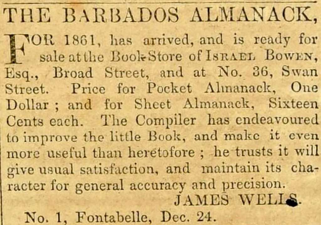 Barbados Almanac newspaper advert 1861