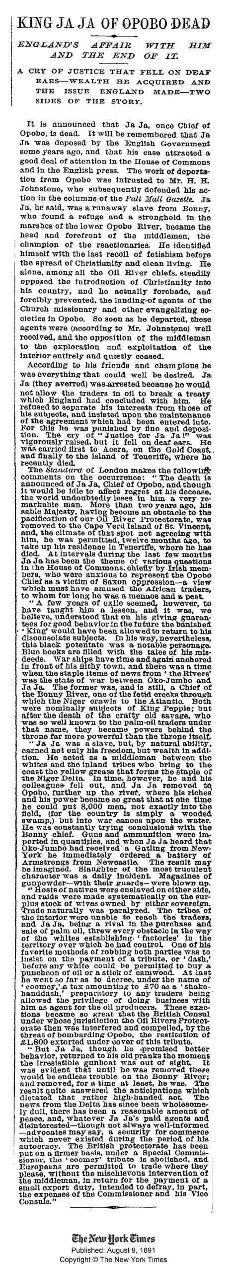 King JaJa of Opobo death annoucement New York Times 8 August 1891