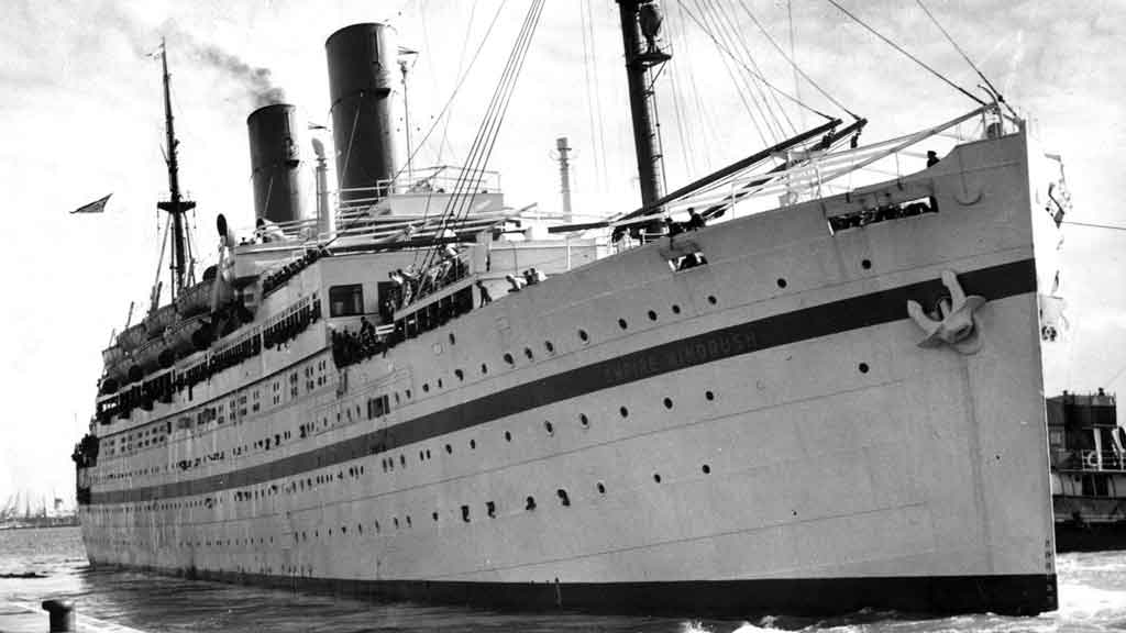 Empire Windrush docking at Tilbury Docks, Essex, on 21 June 1948