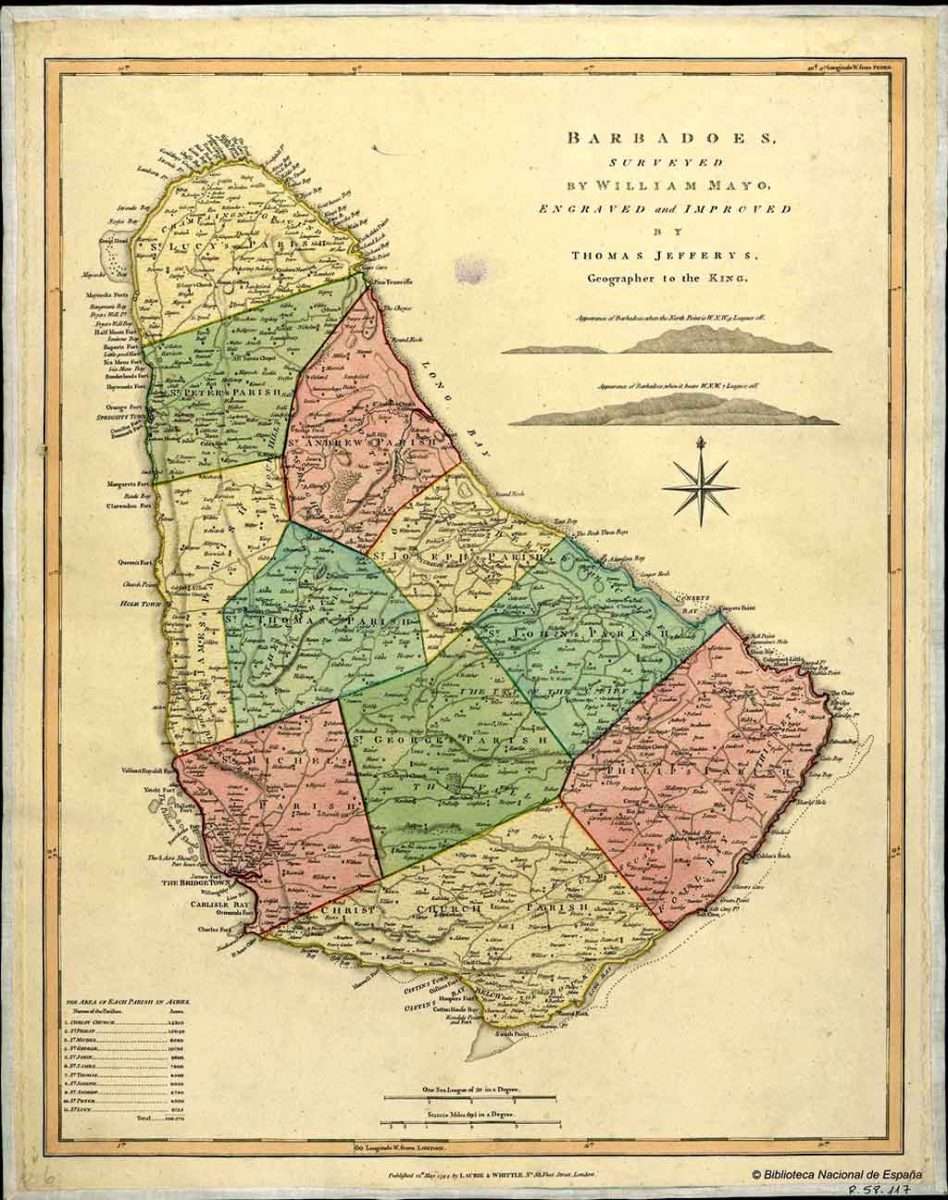 1794 Barbados map surveyed by William Mayo engraved by Thomas Jefferys