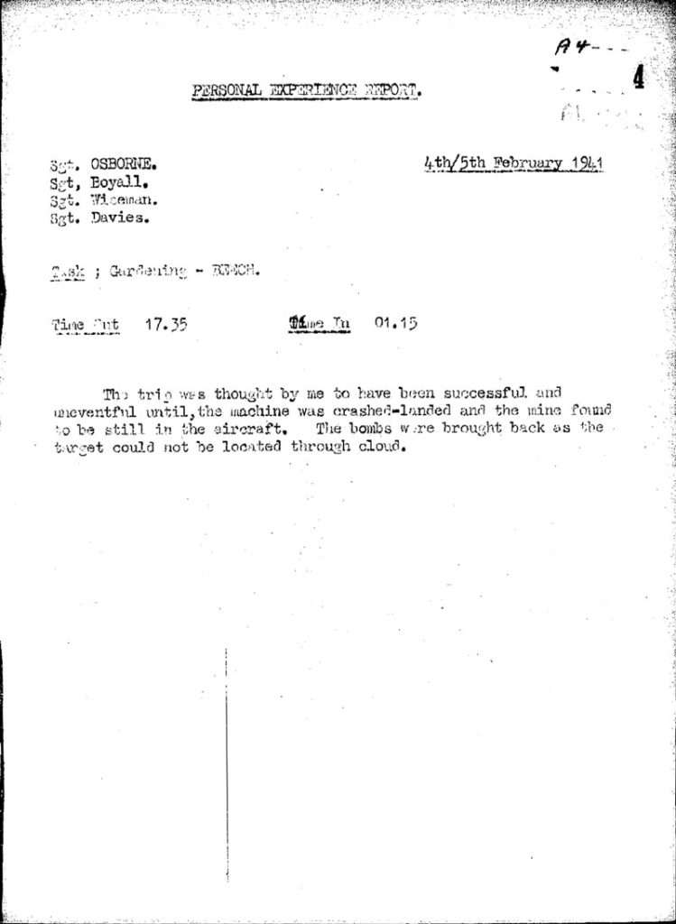 106 Squadron – Personal Experience Report Task Gardening – BEECH 4 Feb 1941