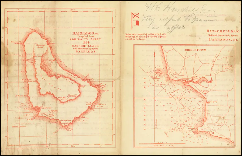 Sailing directions for Barbados compiled from Admiralty Sheet 1884 by Hanschell & Co Sail and Steam Agents Barbados