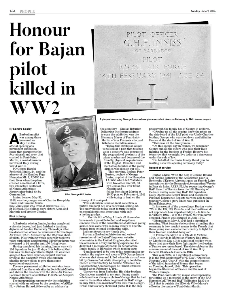 Sandra Sealey – Nation newspaper Barbados – Honour for Bajan pilot killed in WW2