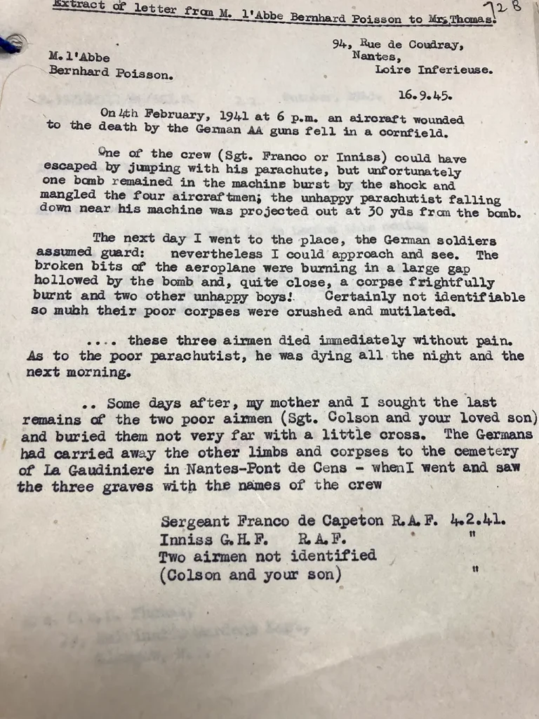 Bernard Poisson letter to Mrs. Thomas 1945