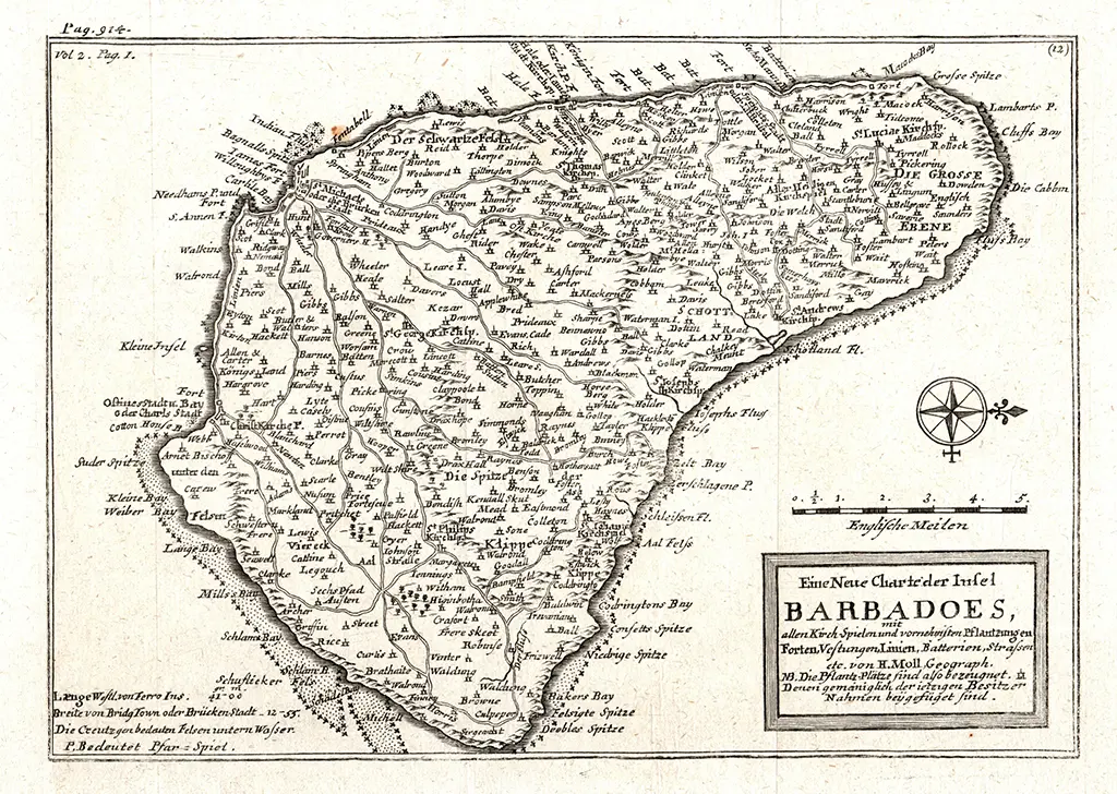 Herman Moll Island of Barbadoes 1744, from the German edition of Oldmixon