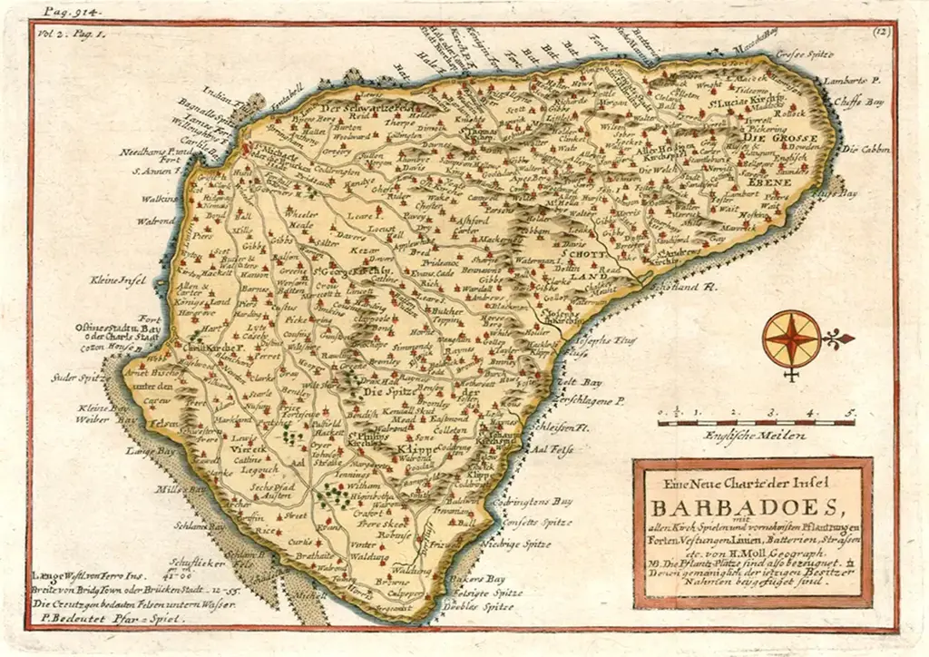 Herman Moll Island of Barbadoes 1744, from the German edition of Oldmixon - Hand coloured