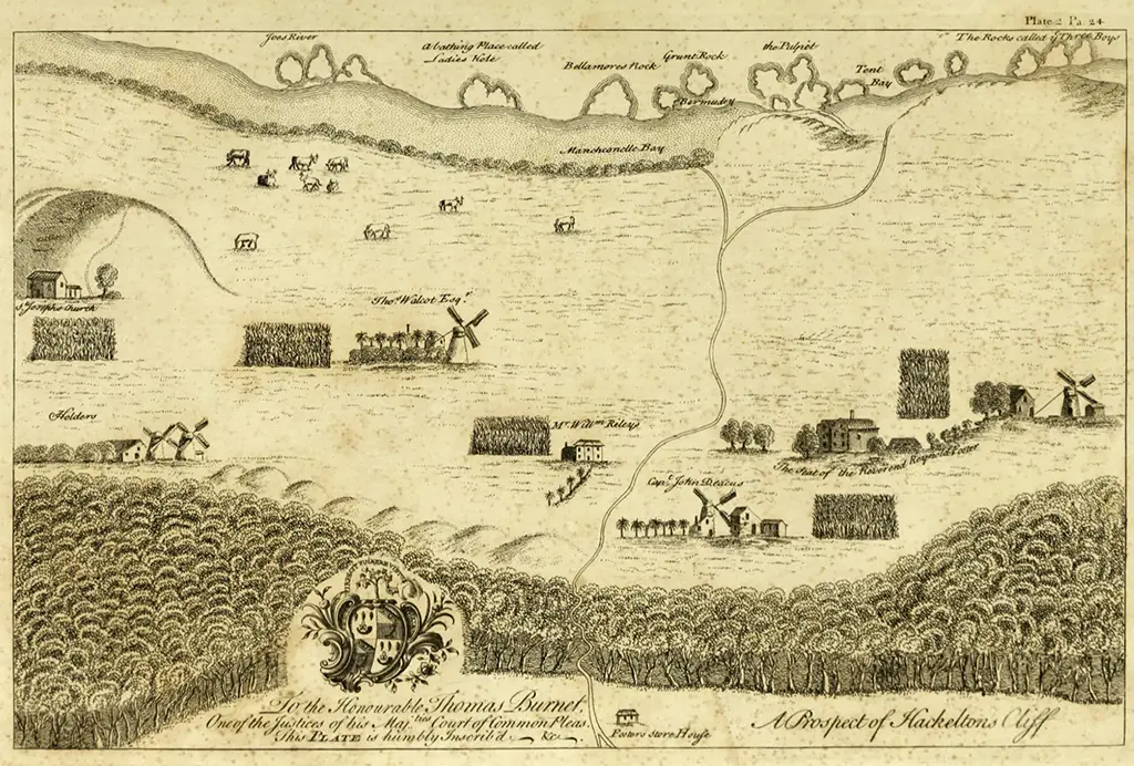 Prospect of Hackletons Cliff was published in Griffith Hughes Natural History of Barbados.