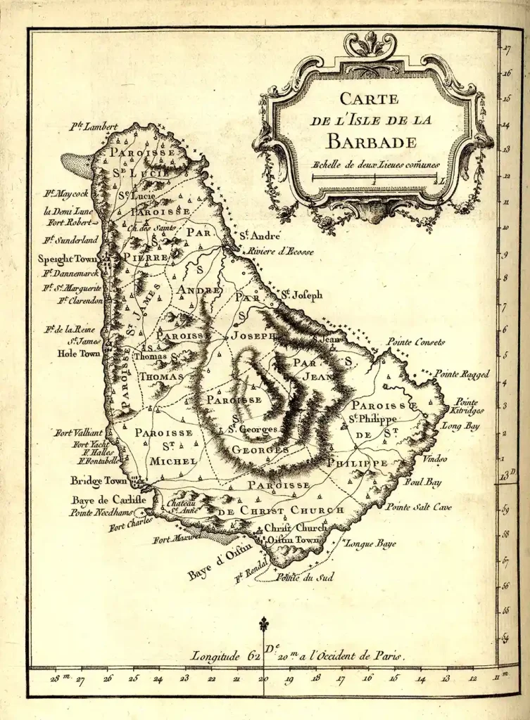 1758 Jacques-Nicolas Bellin - Carte de l'Isle de la Barbade Echelle de deux Lieues comunes