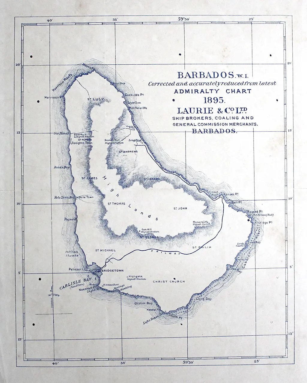1895 Laurie & Co. Ltd ship brokers, coaling and general commission merchants - Map of Barbados