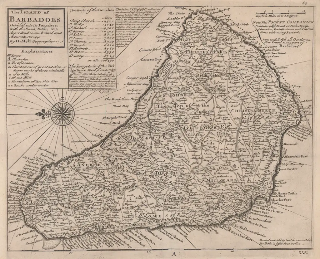 Herman Moll - 1739 The Island of Barbadoes printed by and for George Grierson in Essex Street Dublin