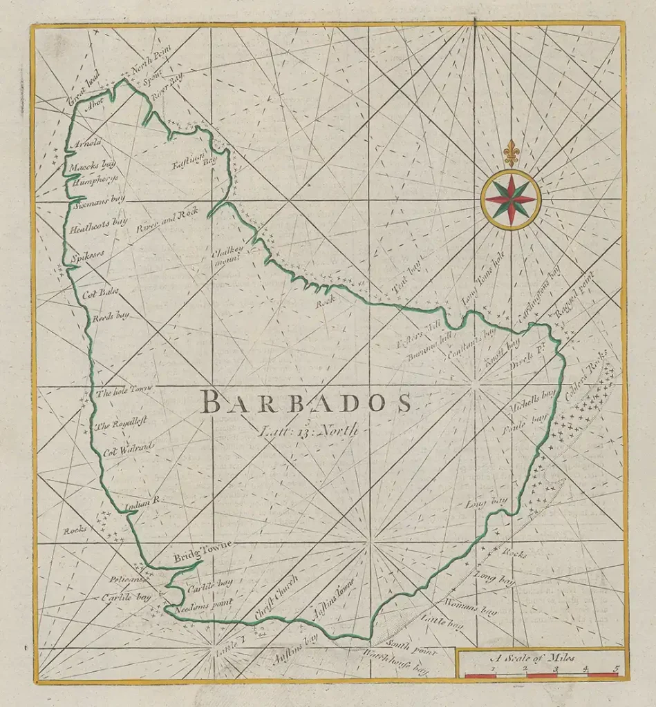 A copy of John Thornton & William Fisher's 1689 Iland of Barbados map published in Mount & Page's The English Pilot in about 1740