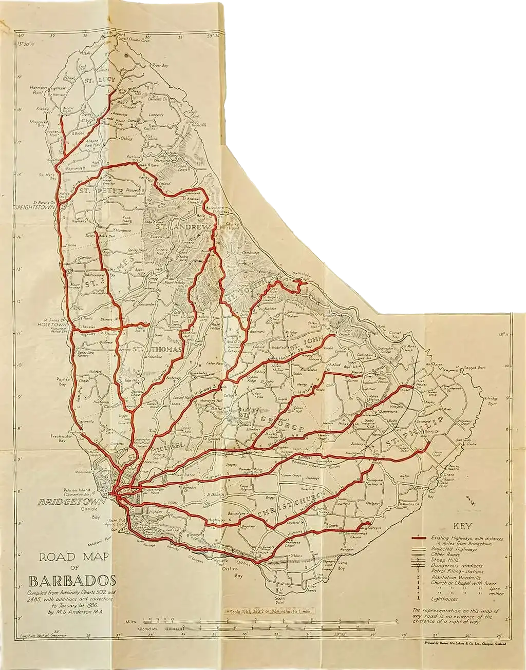A Map of Barbados for Motorist Cyclist Walkers & Tourist - 1936