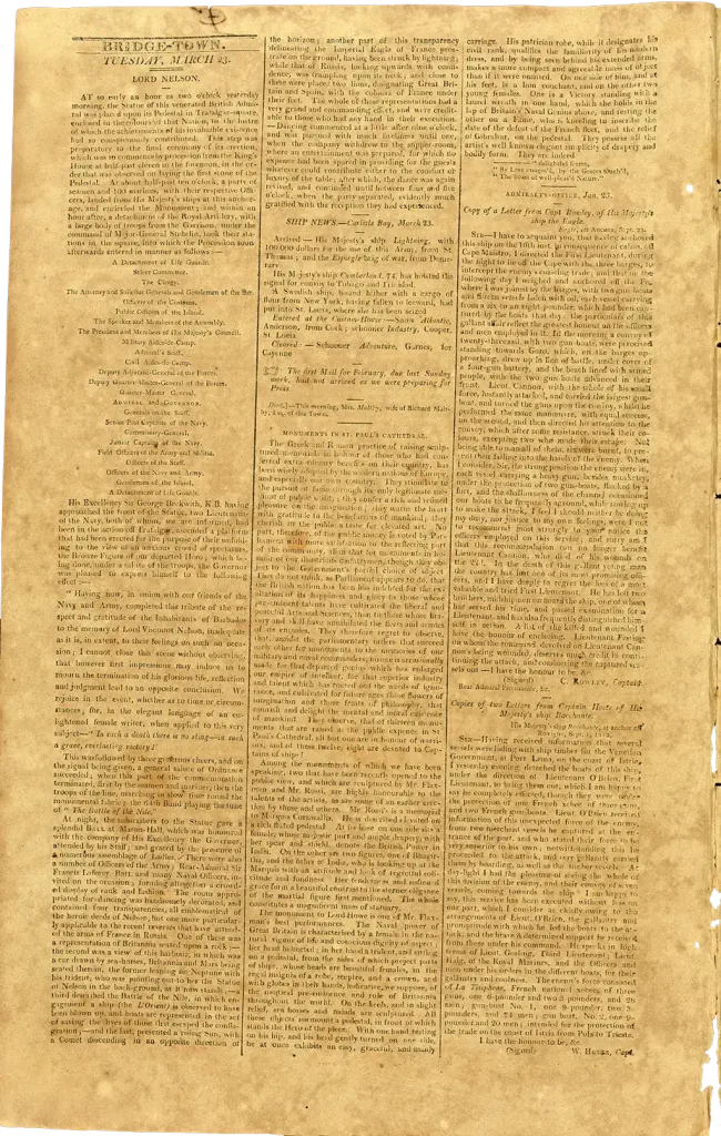 Barbados Mercury, and Bridge-Town Gazette - Tuesday March 23, 1813, page 2 - Lord Nelson Statue unveiling
