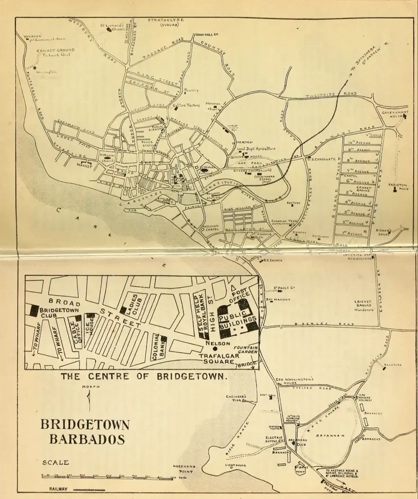 Bridgetown Barbados map taken from the Pocket Guide to the West Indies by Algernon E. Aspinall - 1914