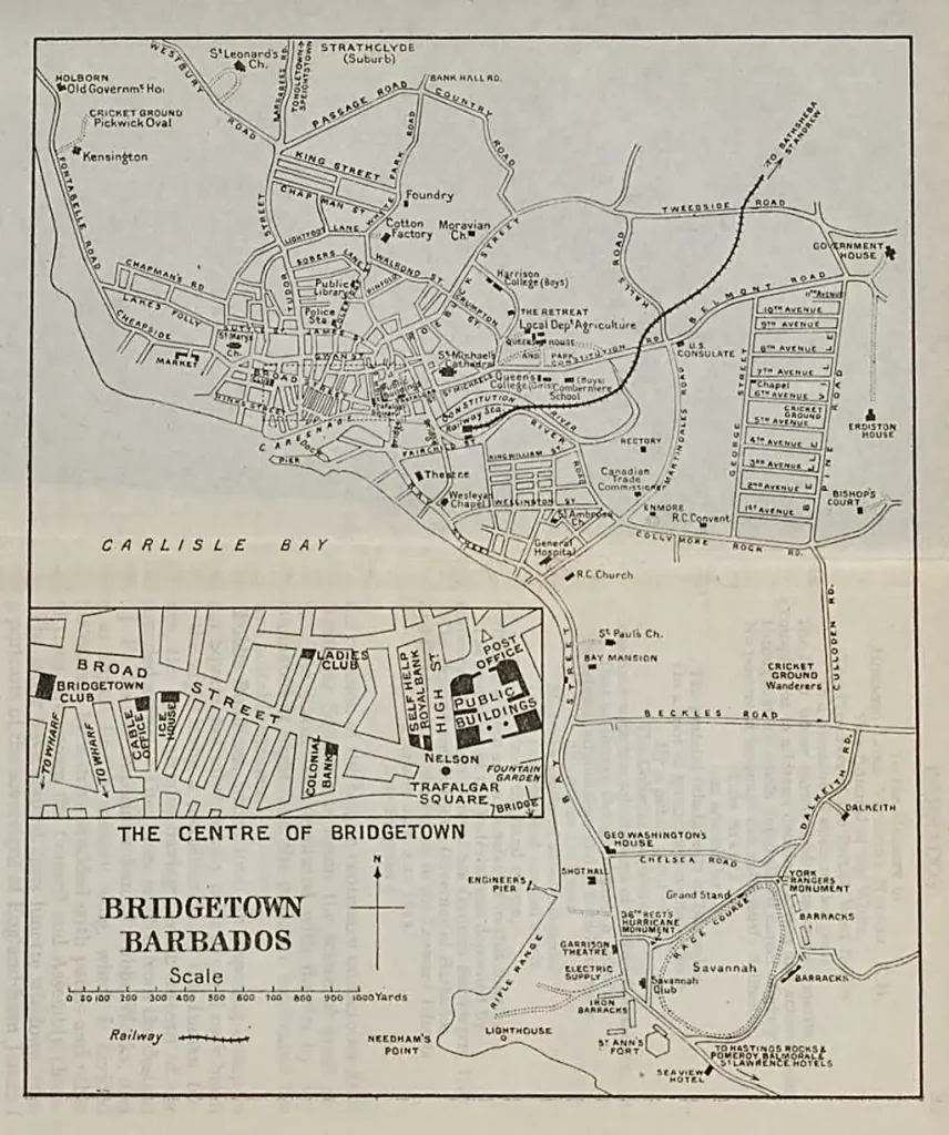 Bridgetown Barbados map taken from the Pocket Guide to the West Indies by Algernon E. Aspinall - 1923