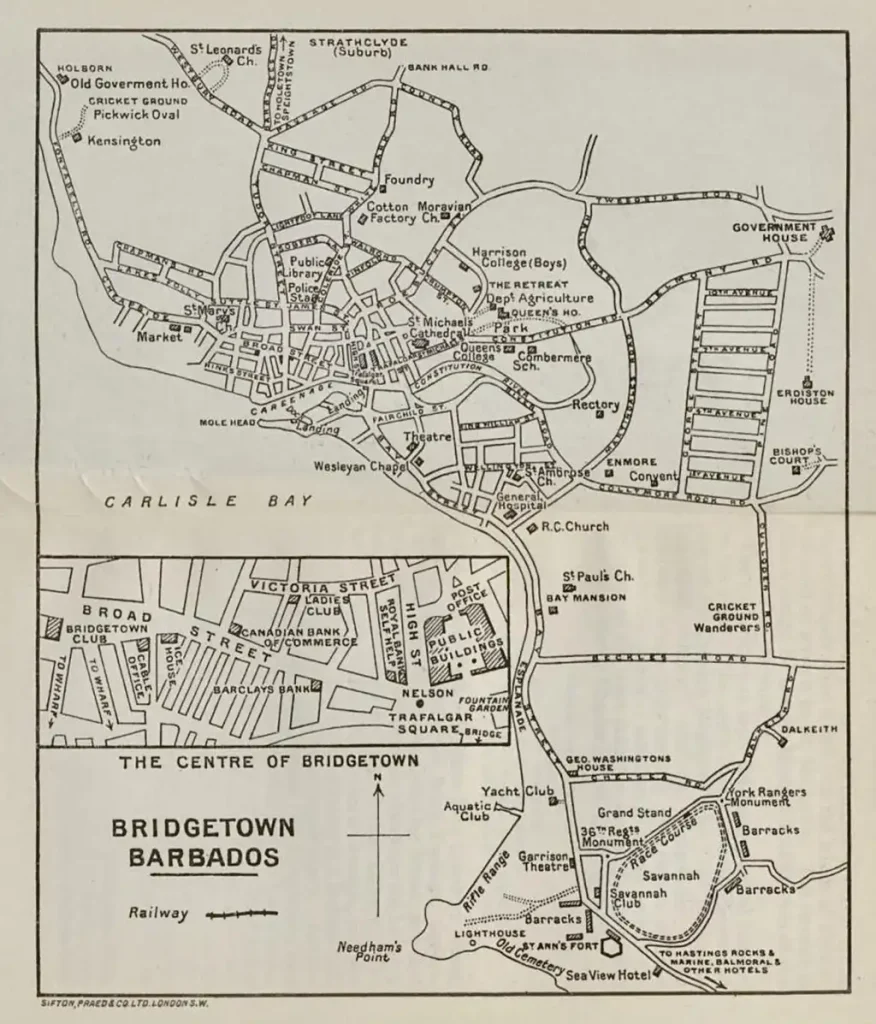 Bridgetown Barbados map taken from the Pocket Guide to the West Indies by Algernon E. Aspinall - 1939