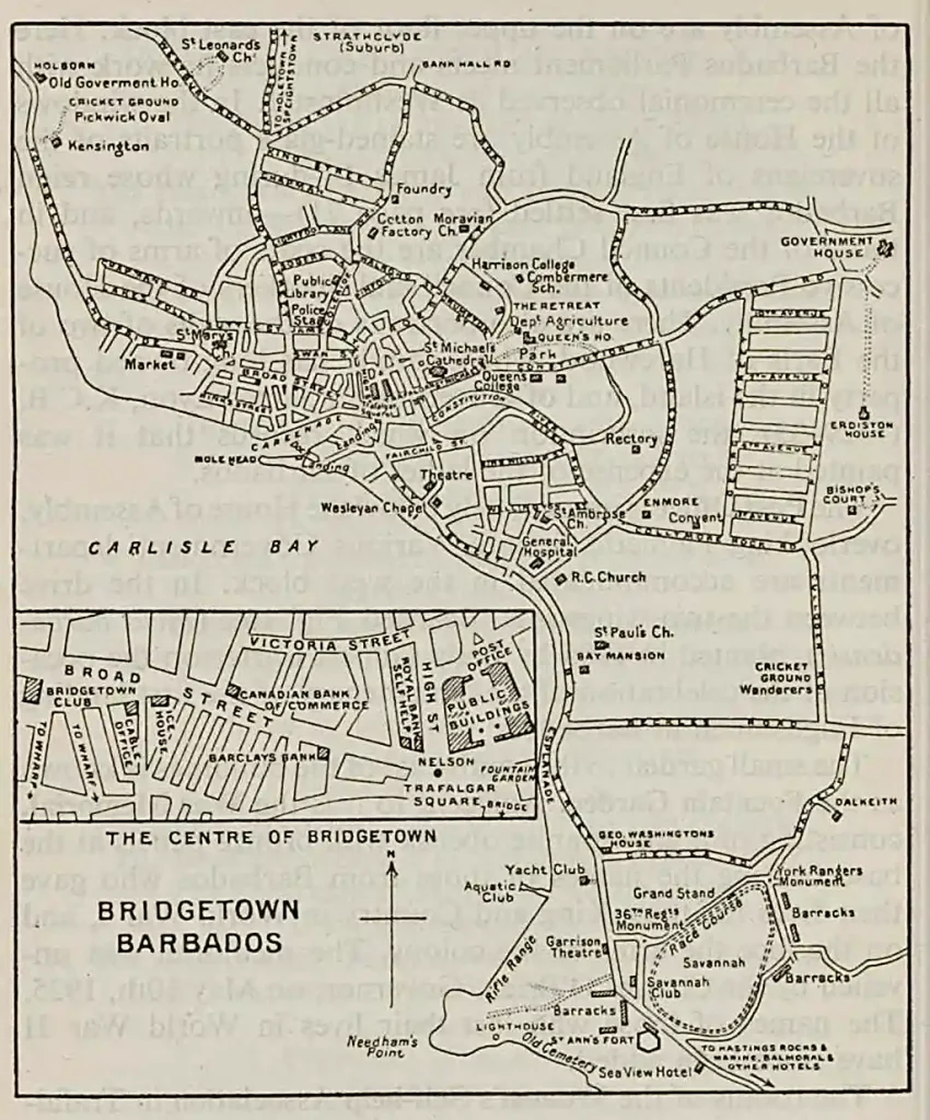 Bridgetown Barbados map taken from the Pocket Guide to the West Indies by Algernon E. Aspinall - 1954