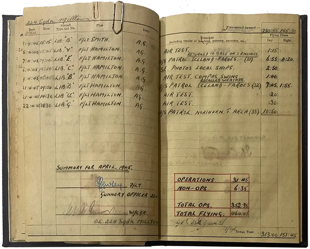 Derek Davies logbook 224 Squadron RAF Coastal Command - April 1945