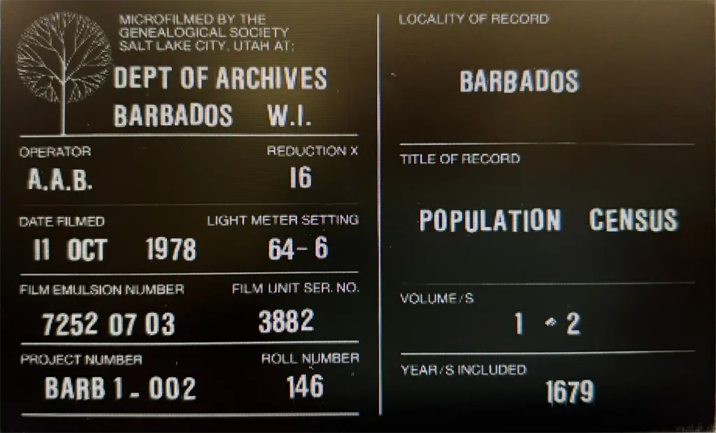 1679 Barbados Census reference details from LDS