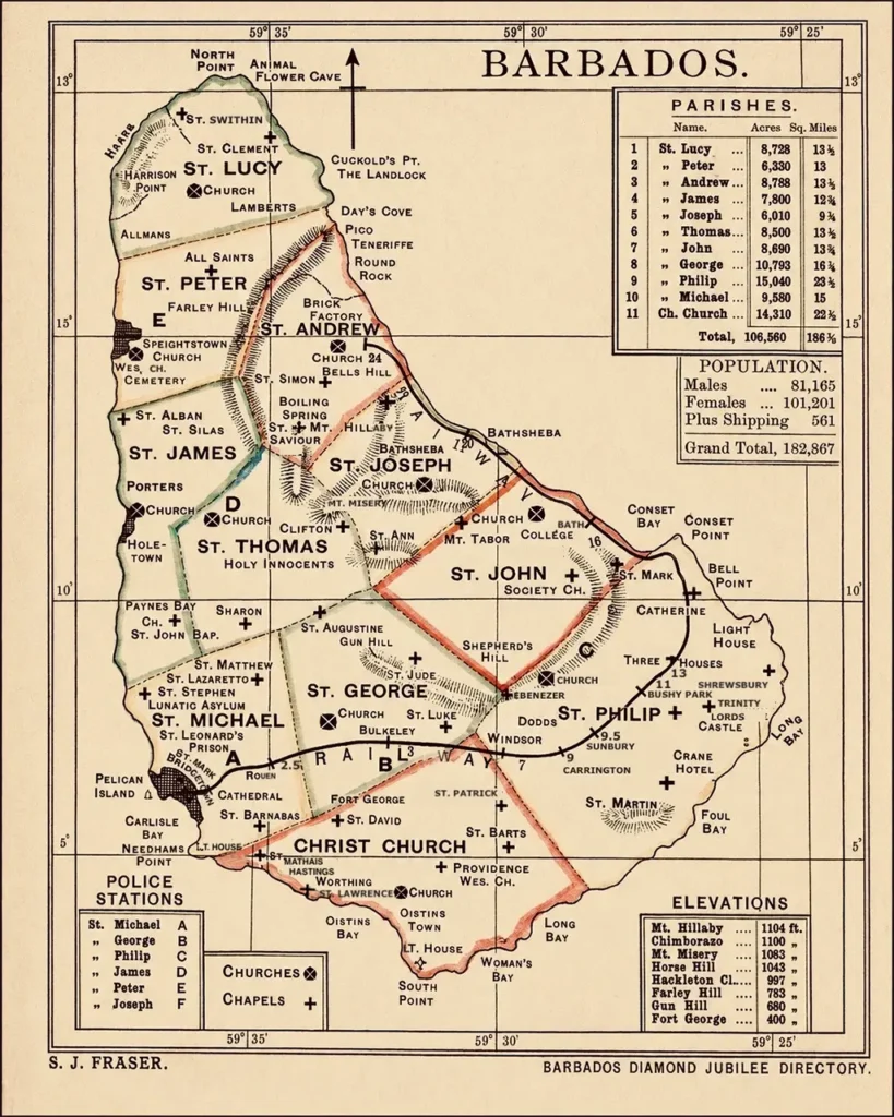 S.J Fraser Barbados map of Barbados within the 1898, Barbados Diamond Jubilee Directory