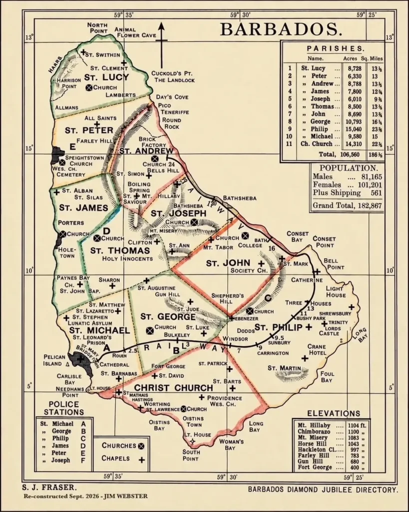 S.J Fraser Barbados map of Barbados within the Barbados Diamond Jubilee Directory first published in 1897
